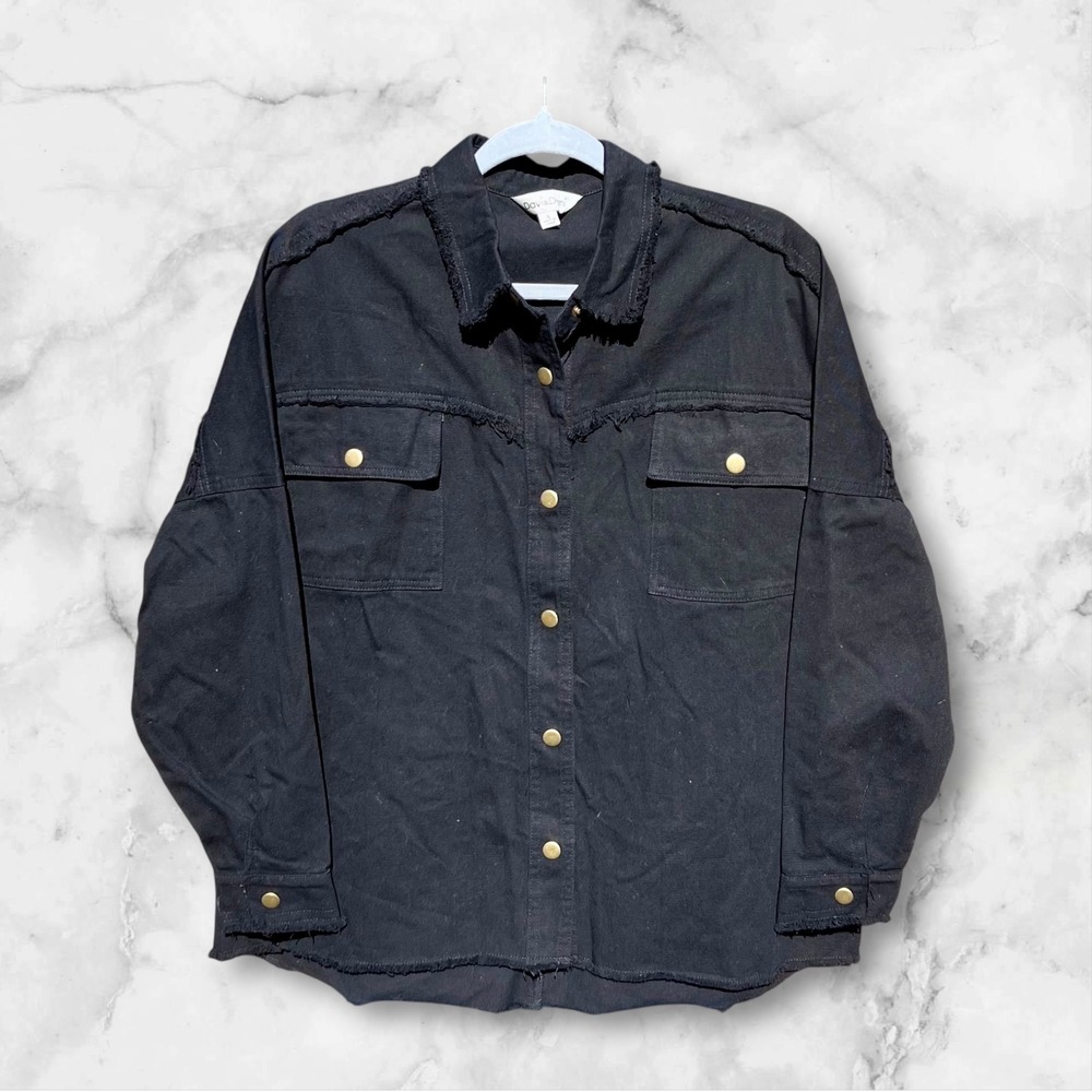 New Davis Dani Black Denim Shacket Rock Roll Graphic Button Up Shirt Jacket S